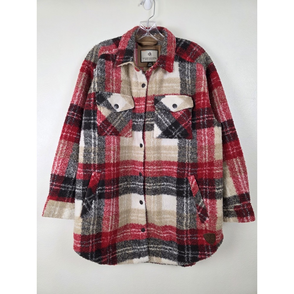 Legendary Whitetails Treasure Shirt Jacket Womens M Cherry Wood Plaid Snaps Cozy
